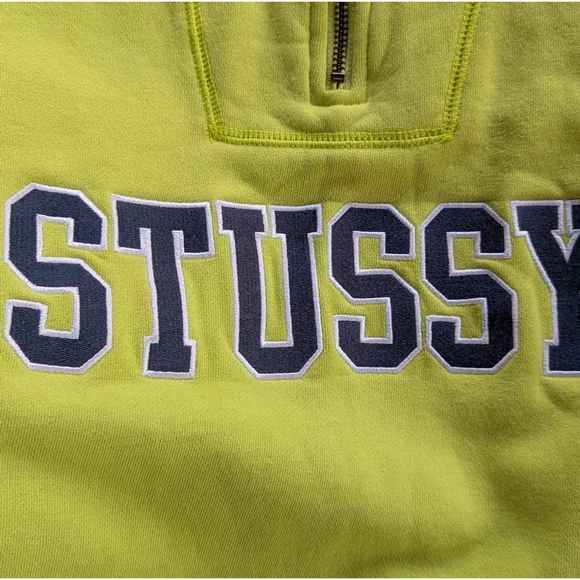 Stussy Contrast Rib Mock Neck Cotton Fleece Sweatshirt Men's Sz M Navy & Lime - Picture 14 of 16